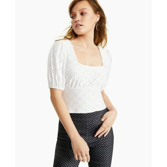 Bar III Womens Size XXL Eyelet Puff-Sleeve Top Short Sleeve Semi Sheer White 538 - Picture 1 of 7